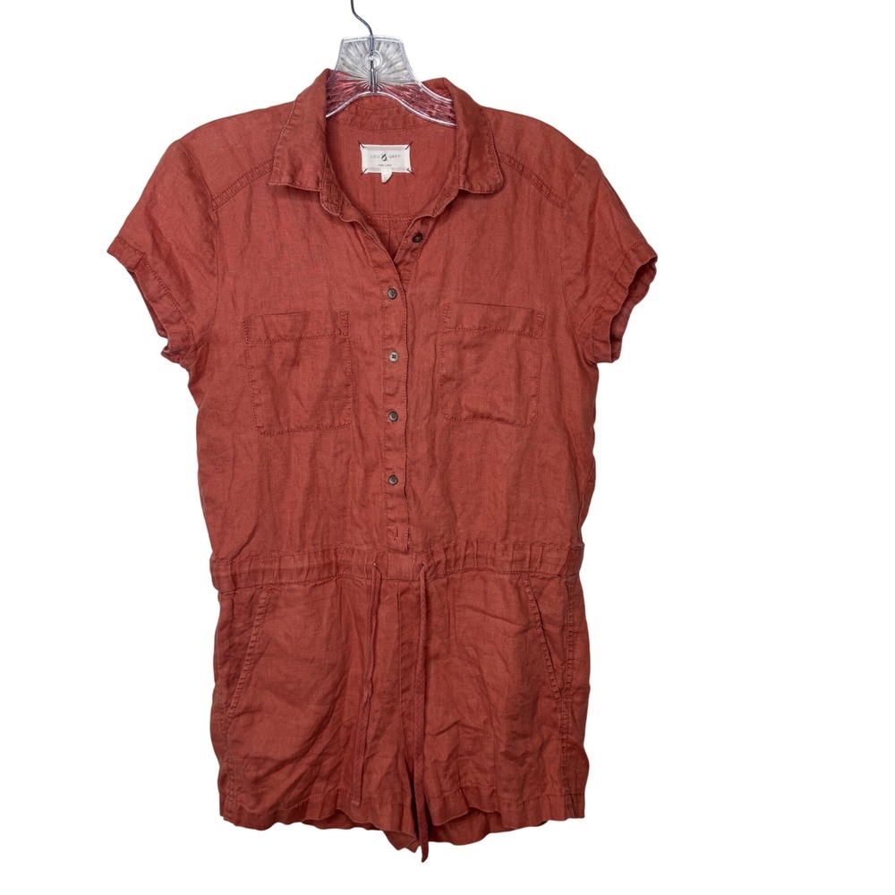 Lou & Grey Womens XS Linen Romper Terracotta Rust Button Front Utility Short
